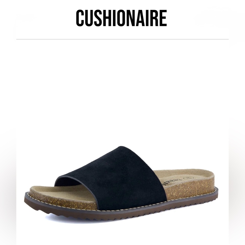 Cushionaire Women's Black Suede, Genuine Leather Slide Sandals W/Cork Footbed